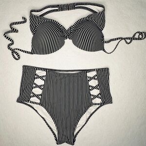 Shade & Shore‎ Striped High Waist Bikini Set Criss Cross Swimsuit 34B Small